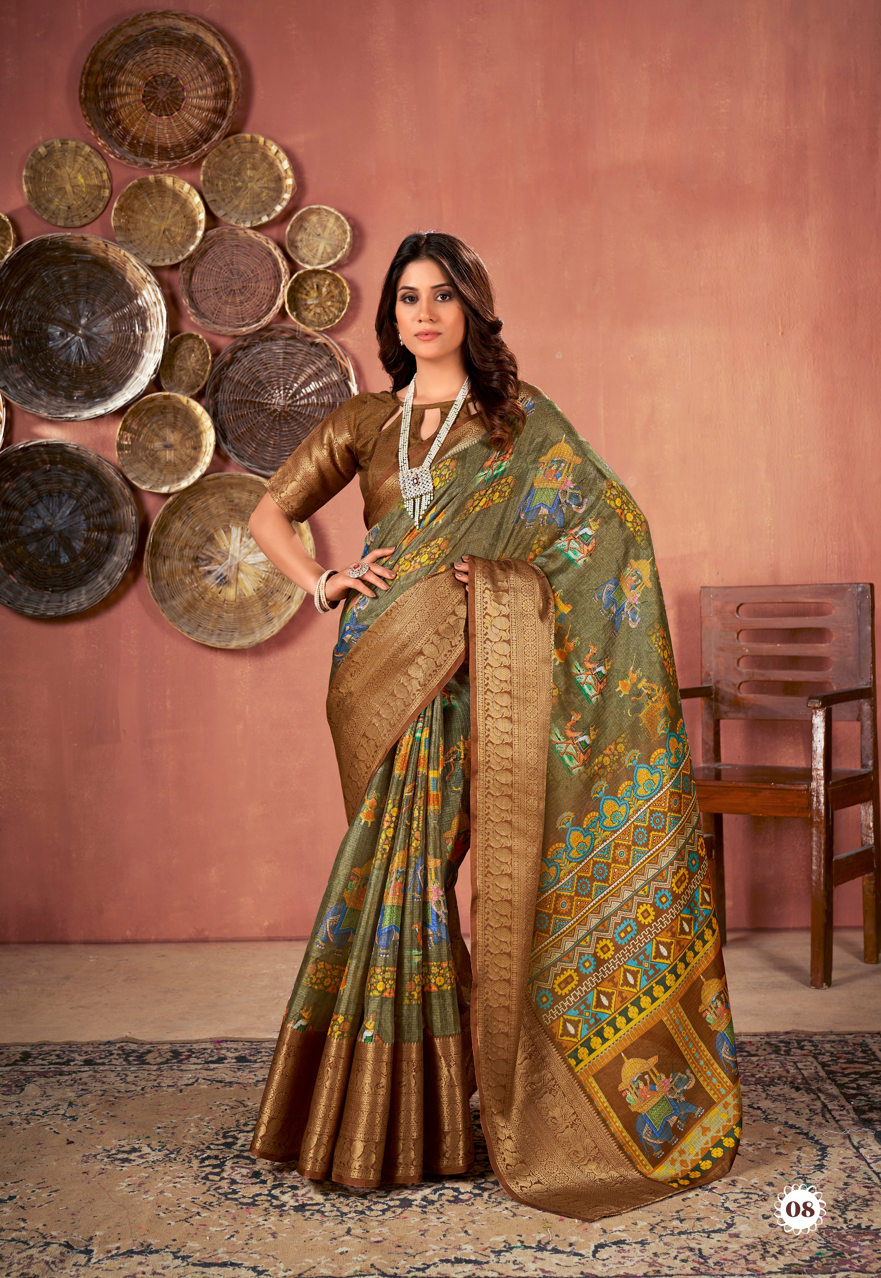 Olive And Brown Colour Cotton Digital Printed Saree