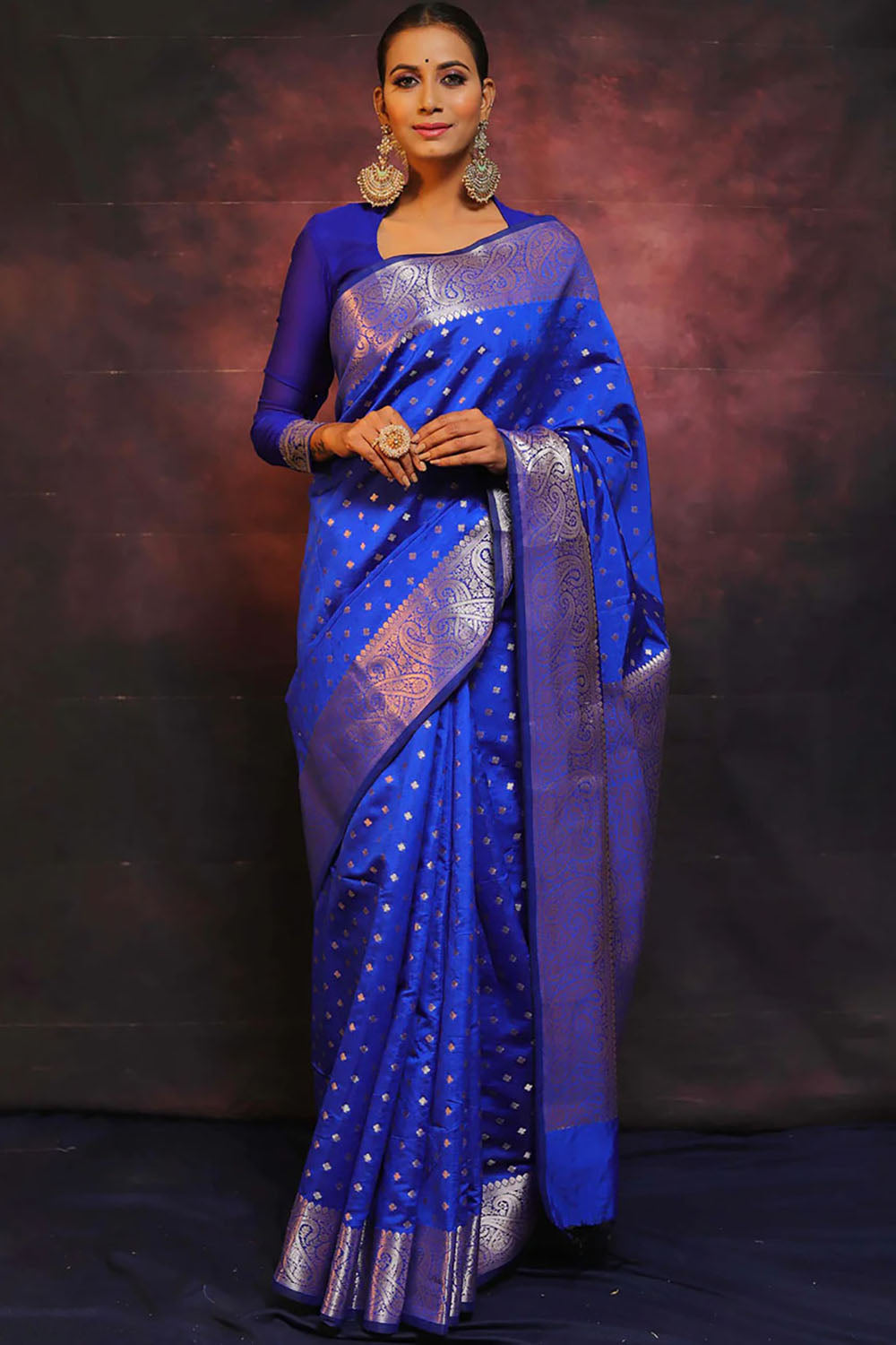 Latest Royal Blue Banarasi Silk Saree With Zari Weaving Work