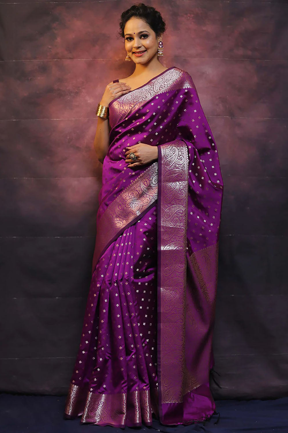 Wine Banarasi Silk Saree With Zari Weaving Work