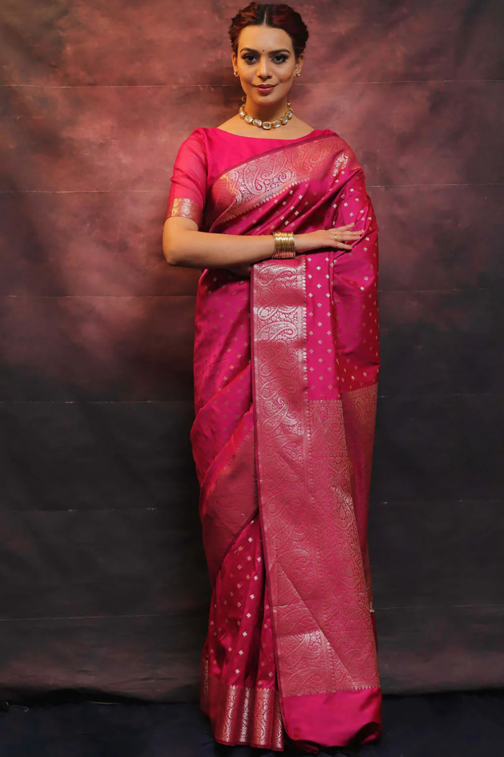 Latest Dark Pink Banarasi Silk Saree With Zari Weaving Work