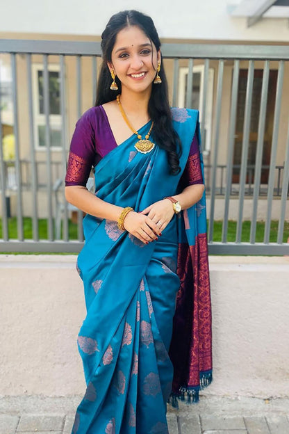 Cerulean Blue Silk Saree With Zari Weaving Work