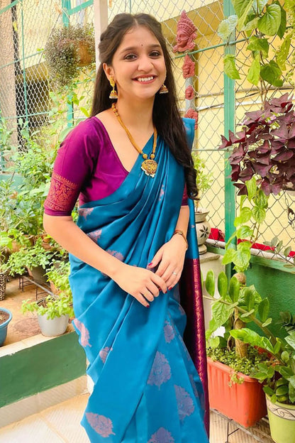 Cerulean Blue Silk Saree With Zari Weaving Work