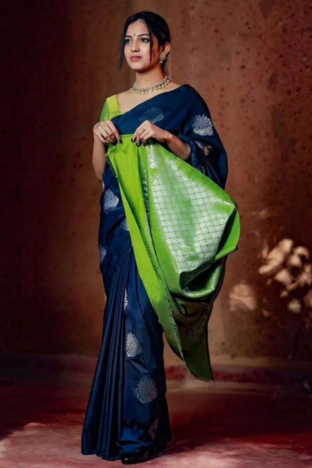 Midnight Blue Silk Saree With Silver Zari Weaving Work