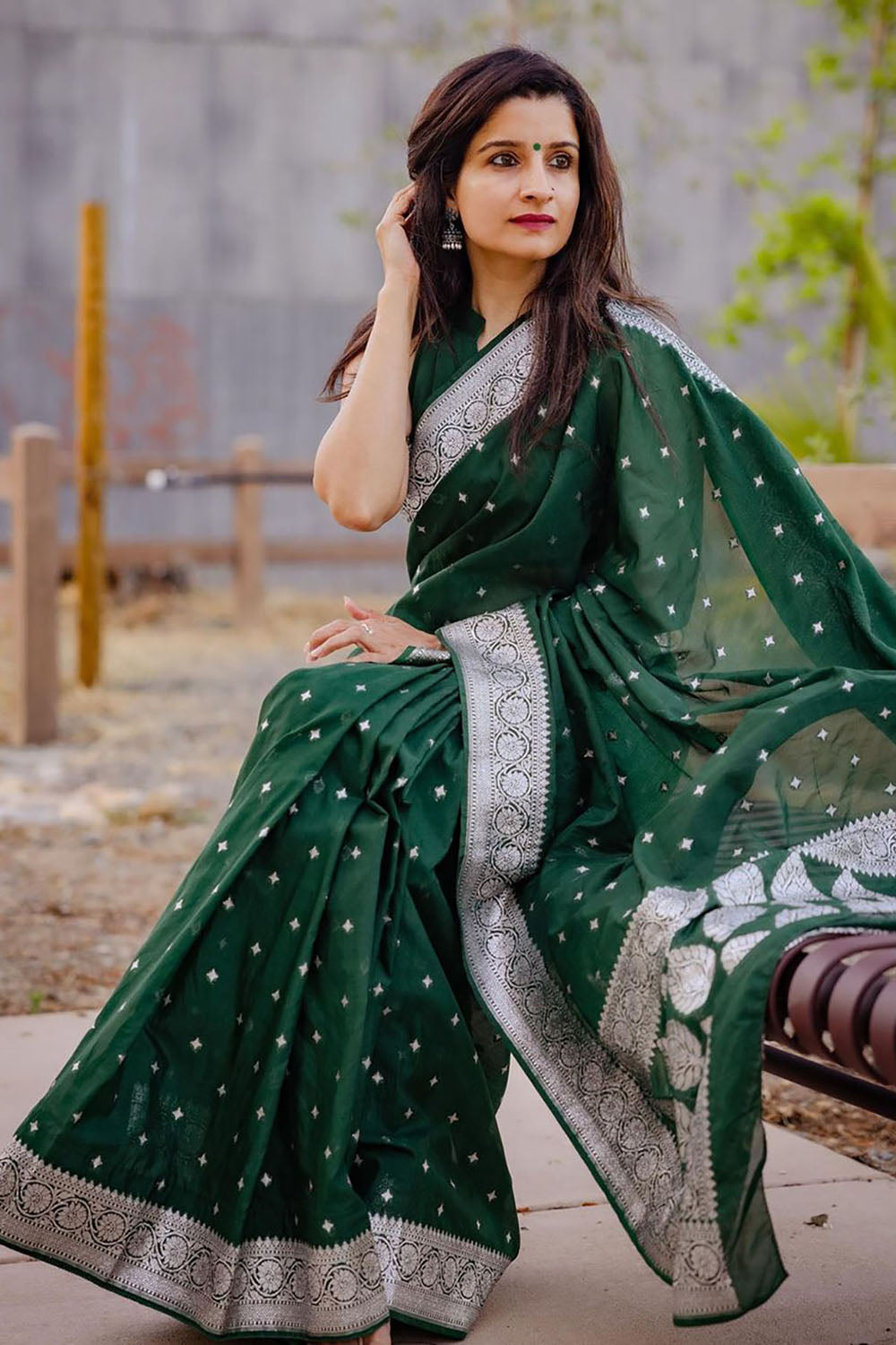 Dark Green Banarasi Silk Saree With Weaving Work