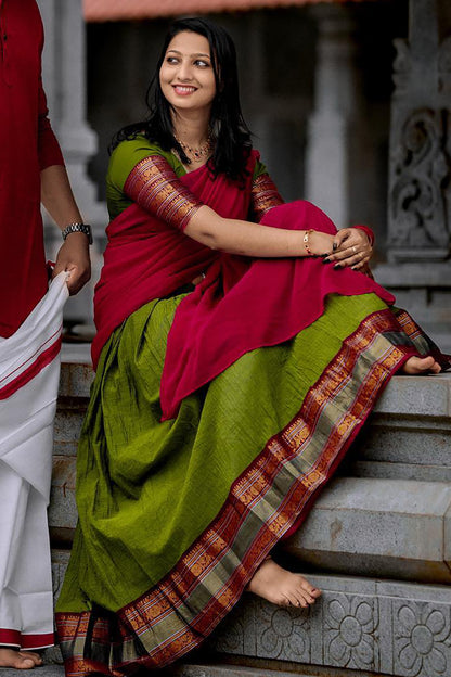 Green &amp; Red Premium Cotton Silk Jacquard Half Lehenga Saree