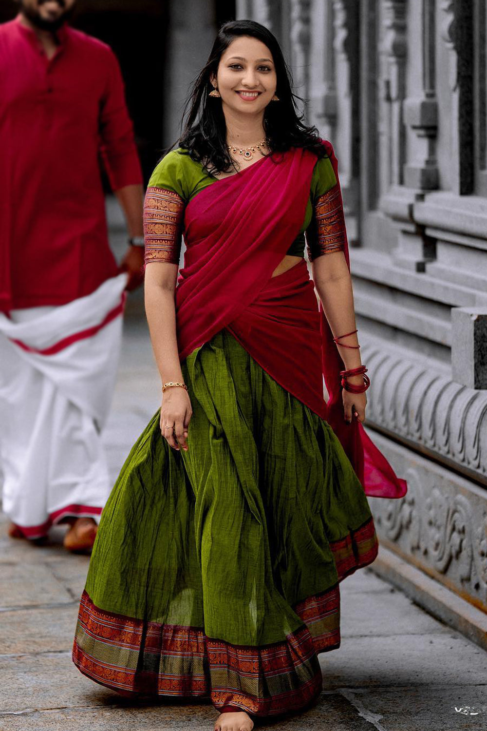 Green &amp; Red Premium Cotton Silk Jacquard Half Lehenga Saree