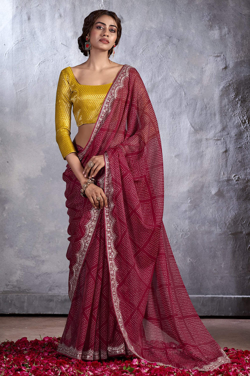 Maroon Bandhani Design Saree With Alluring Blouse