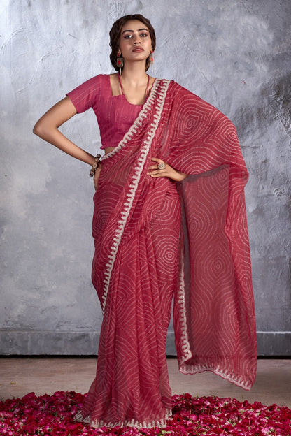 Red Look Bandhani Designer Saree With Alluring Blouse