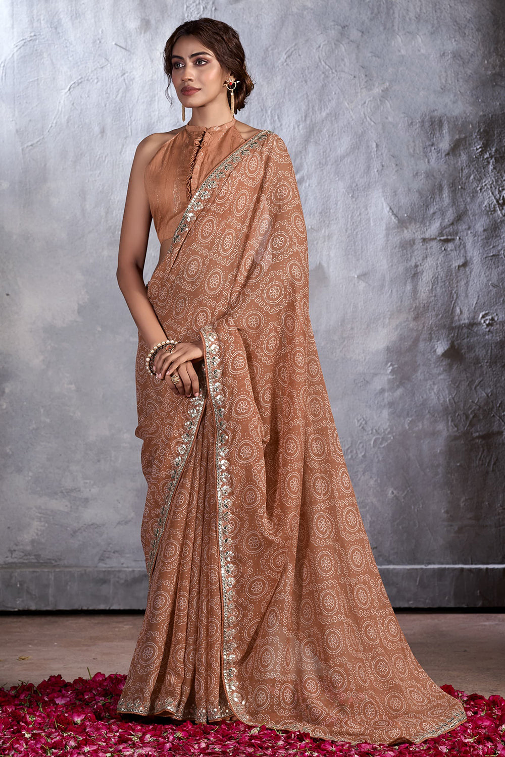 Coffee Bandhani Designer Saree With Alluring Blouse