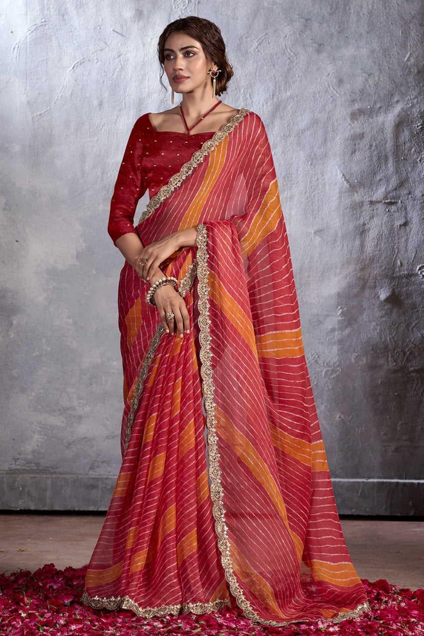 Red Bandhani Designer Saree With Alluring Blouse