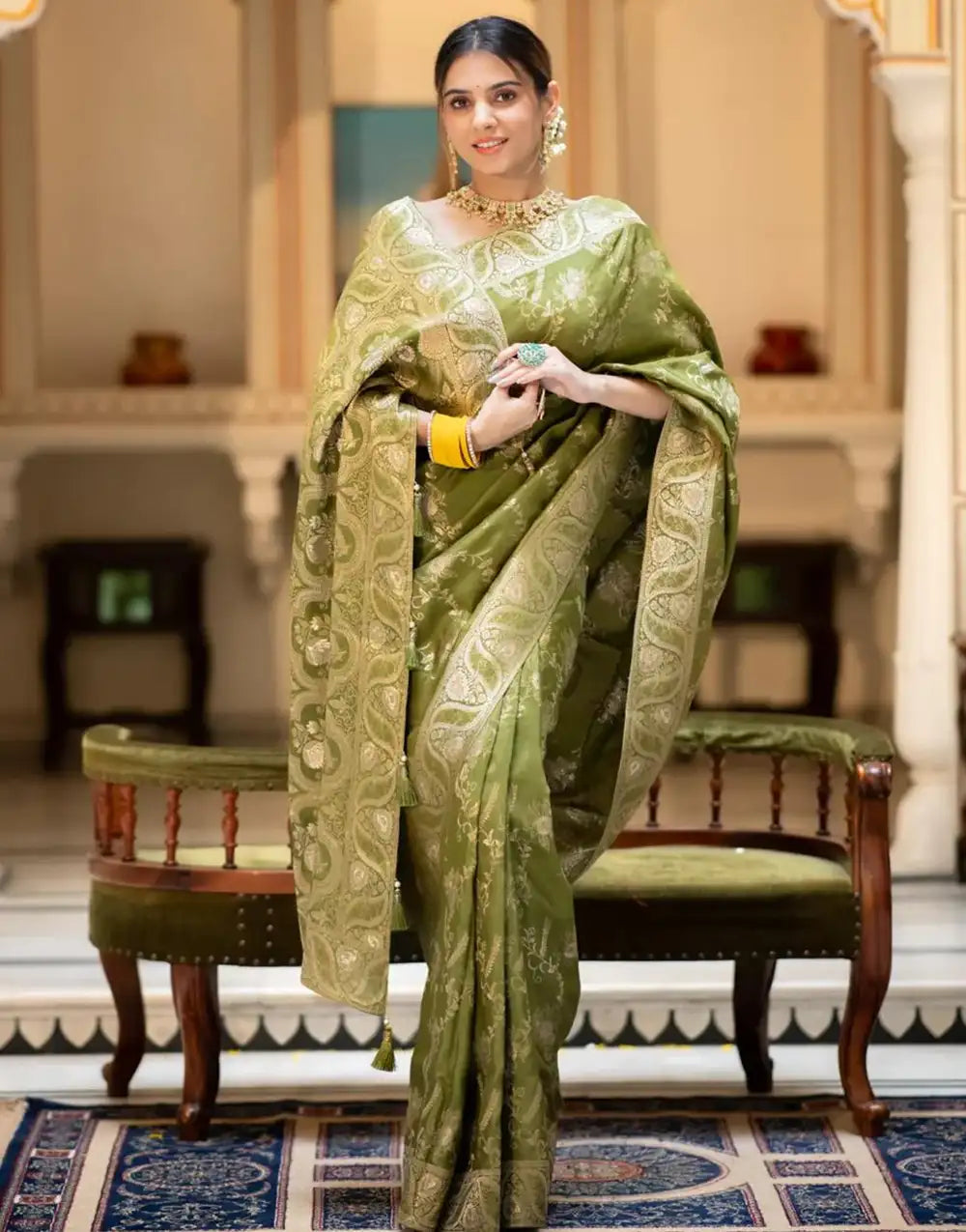 Mahendi Green Banarasi Silk Saree With Zari Weaving Work