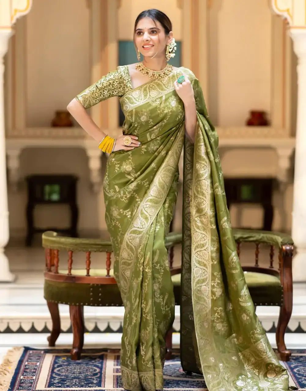 Mahendi Green Banarasi Silk Saree With Zari Weaving Work