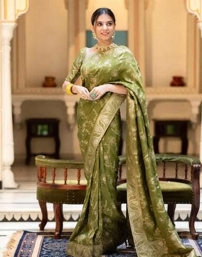 Mahendi Green Banarasi Silk Saree With Zari Weaving Work