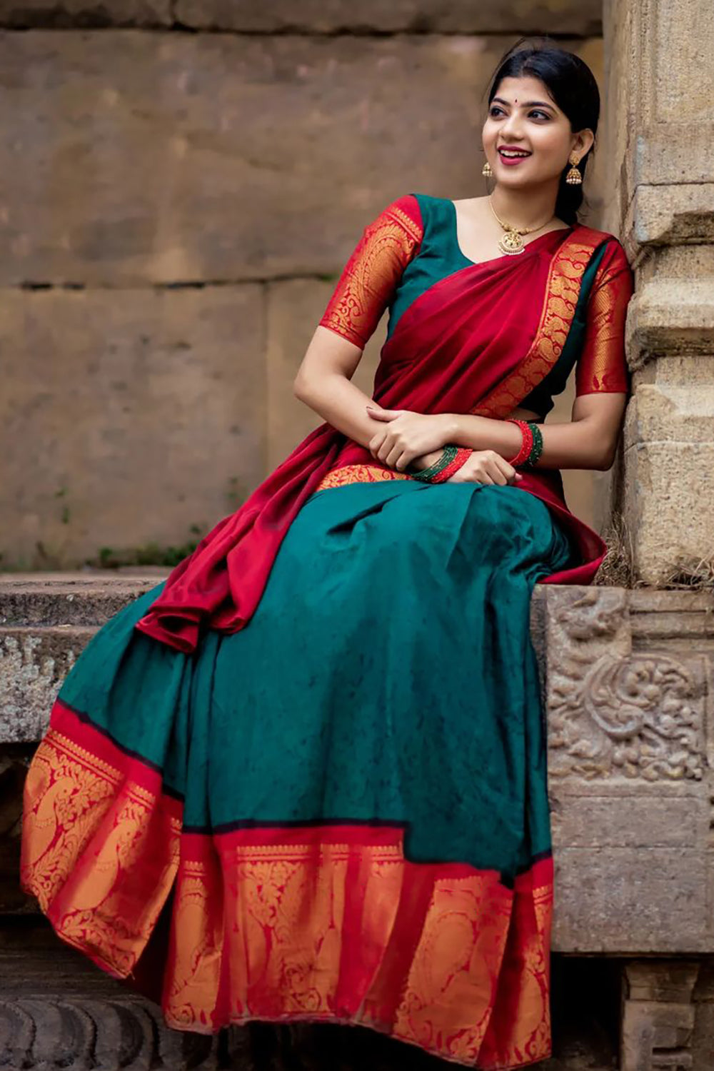 Red &amp; Green Premium Cotton Silk Jacquard Half Lehenga Saree