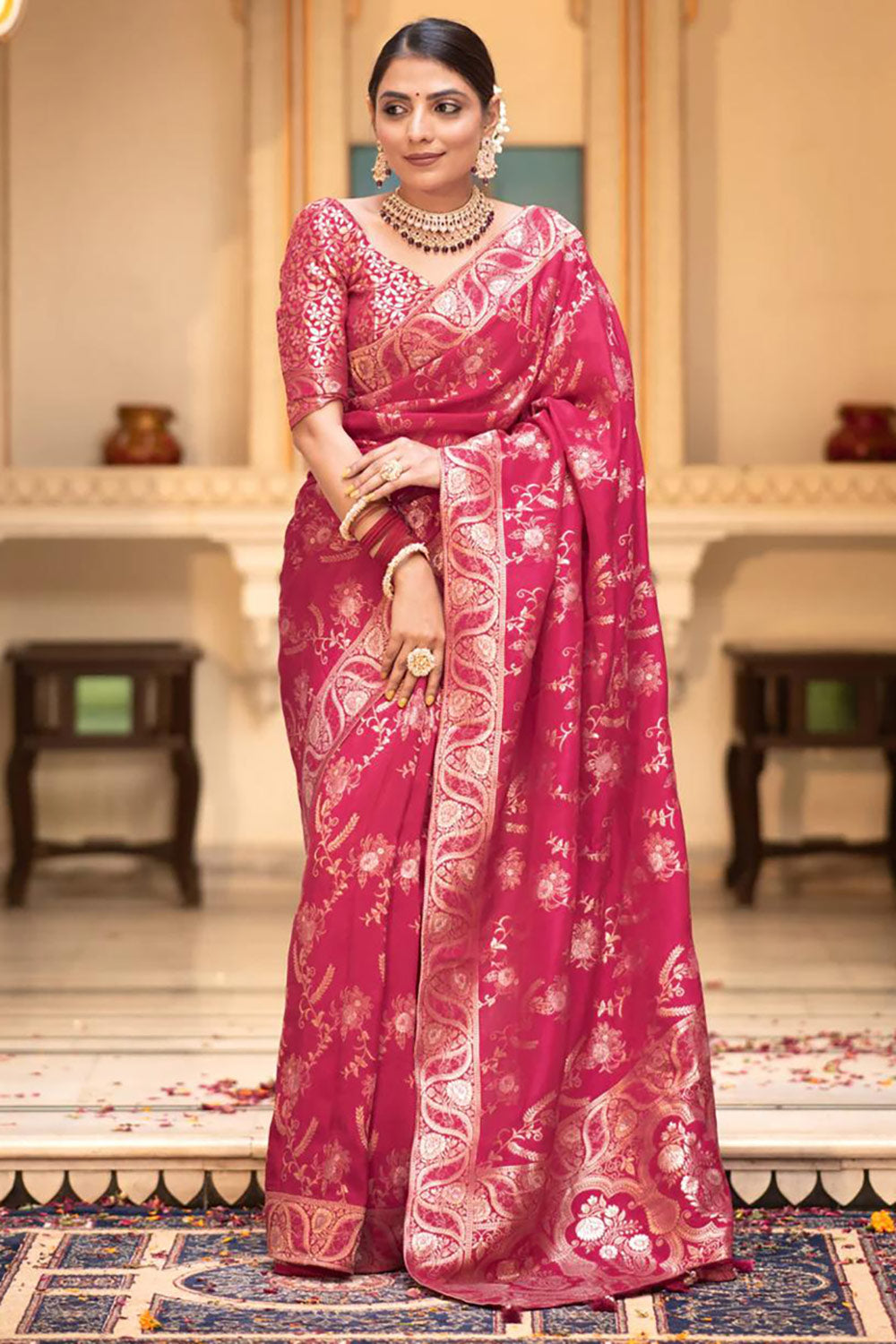 Pink Kanjivaram Silk Zari Woven Saree With Blouse