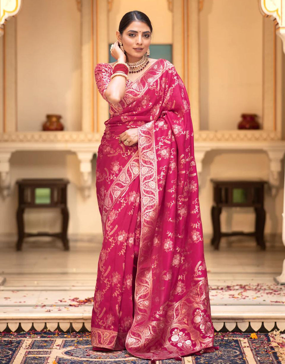 Ruby Pink Banarasi Silk Saree With Zari Weaving Work