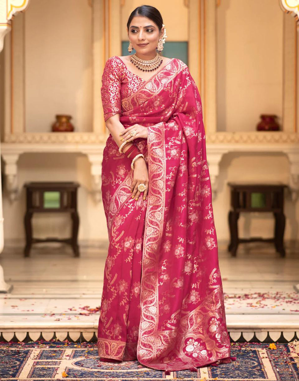 Ruby Pink Banarasi Silk Saree With Zari Weaving Work