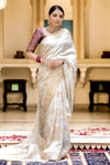 White Banarasi Silk Saree With Zari Weaving Work