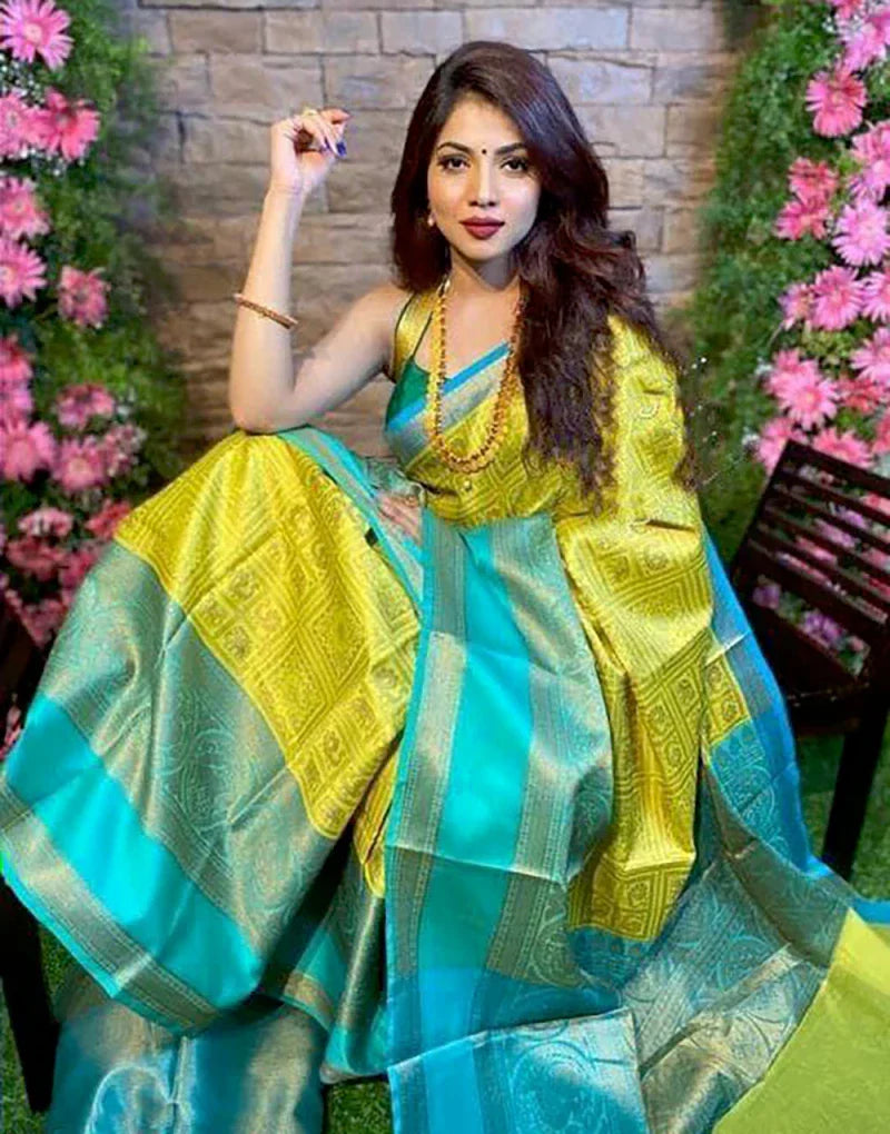 Lemon Yellow &amp; Dark Sky Blue Stylist Designer Lichi Silk Saree