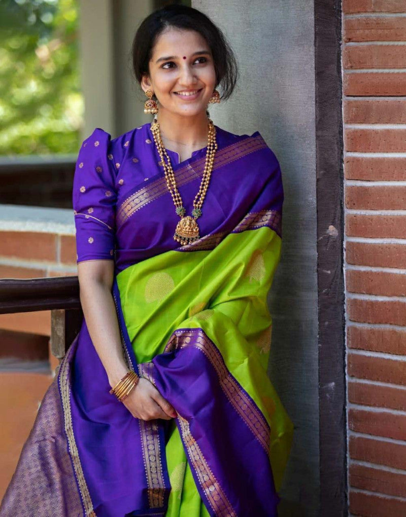 Purple And Parrot Green Soft Lichi Silk Saree