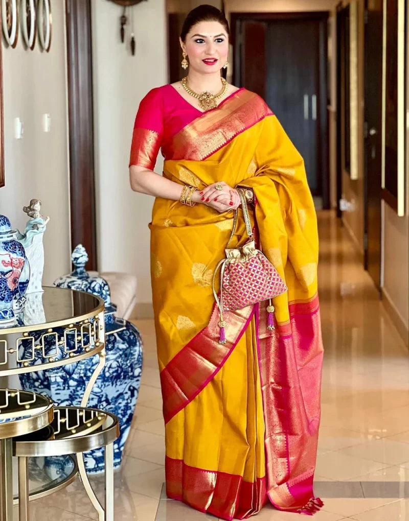 Yellow And Pink Colour Jacquard Border Silk Sarees