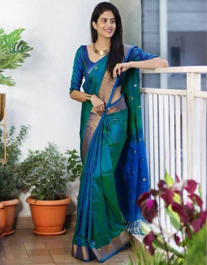 Blue Green Teal Color Soft LIchi Silk Saree