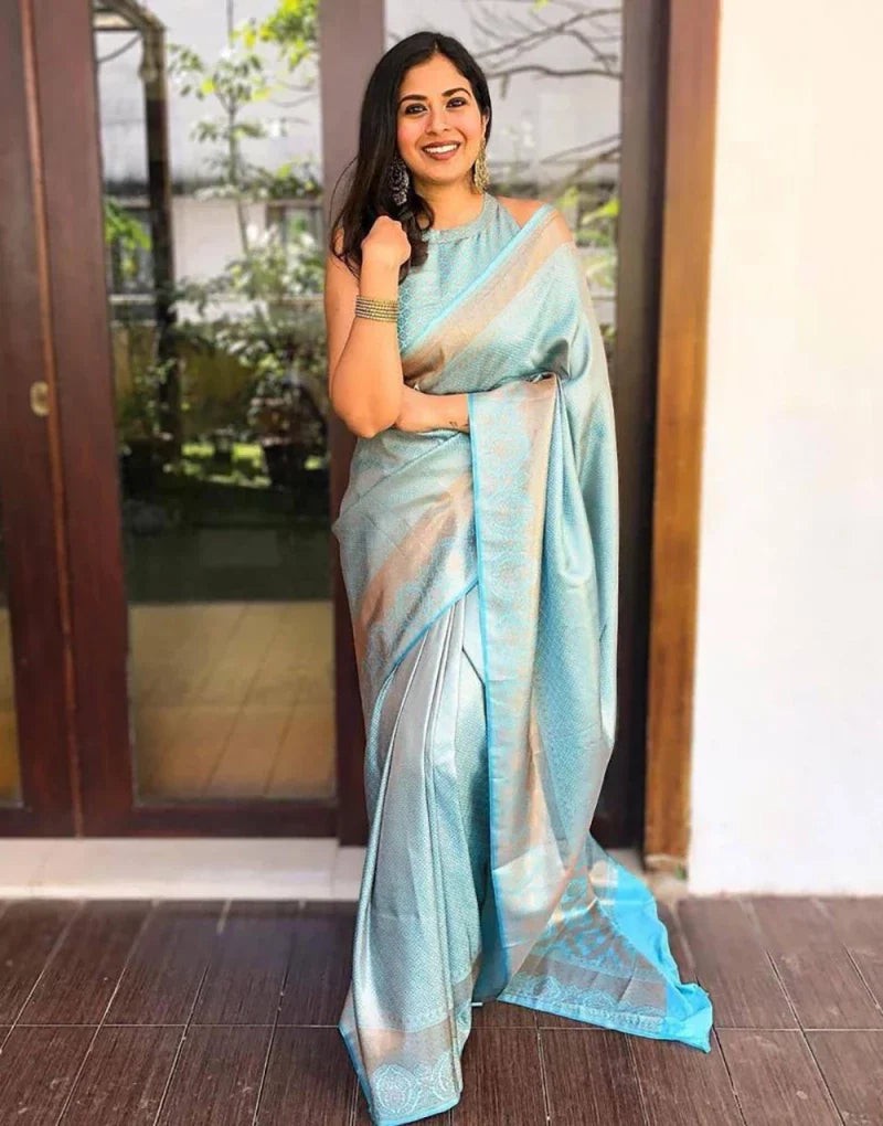 Gorgeous Sky Blue Colour Jacquard Border Soft Silk Saree