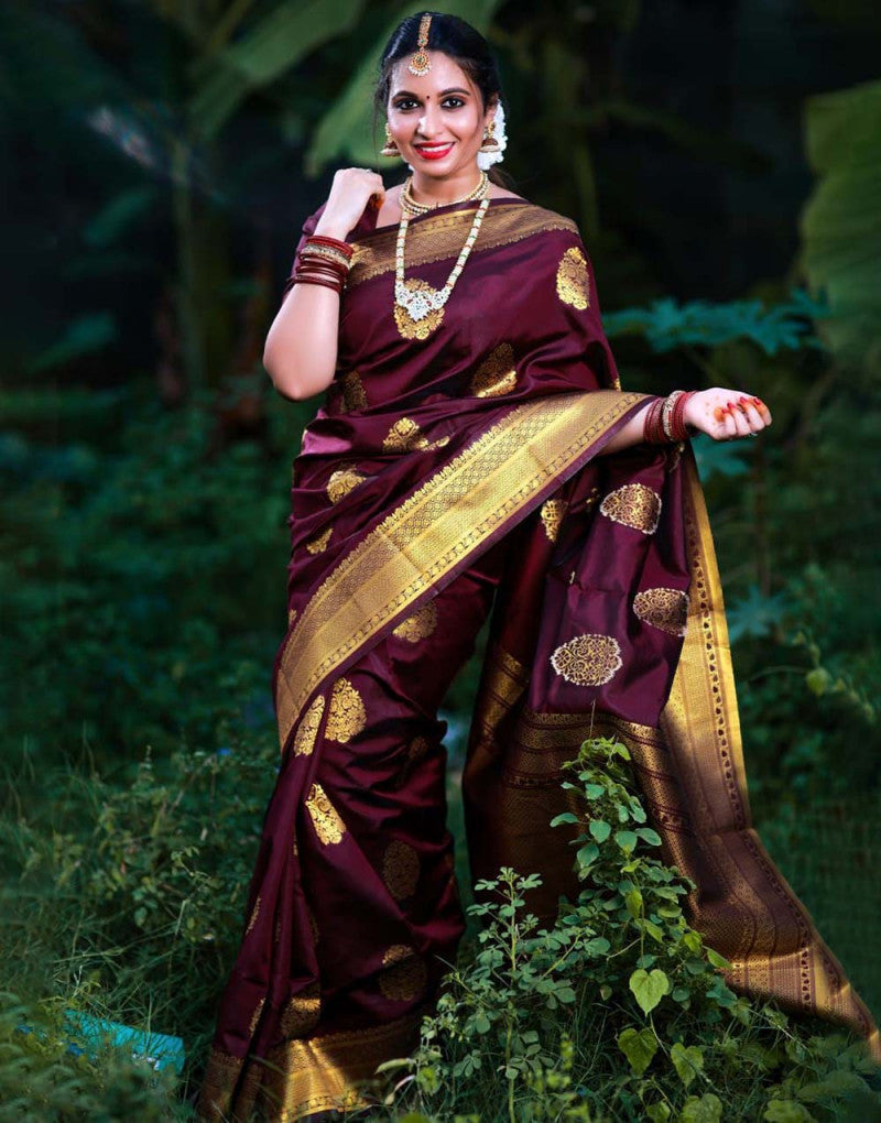 Soft Lichi Silk With Jacquard Work Wine Color Saree