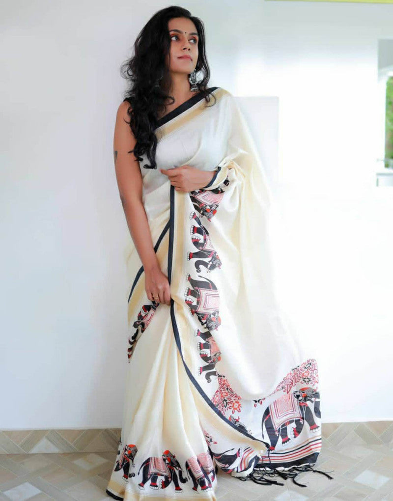 Soft Cotton Cream White And Black Amazing Border Printed Saree