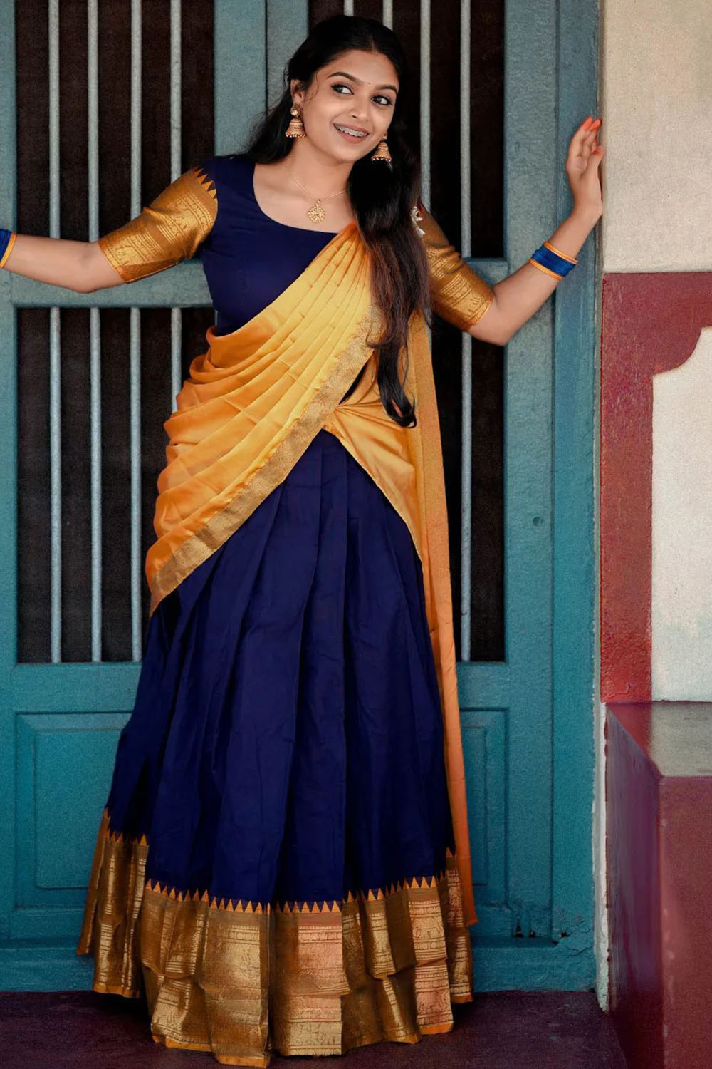 Gold Blue Narayanpeth Cotton Silk Jacquard Half Lehenga Saree