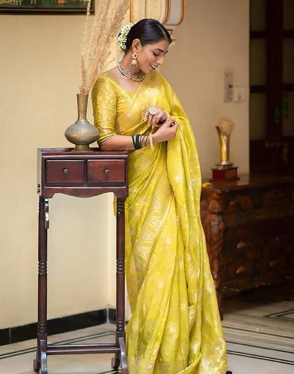 Yellow Banarasi Silk Saree With Zari Weaving Work