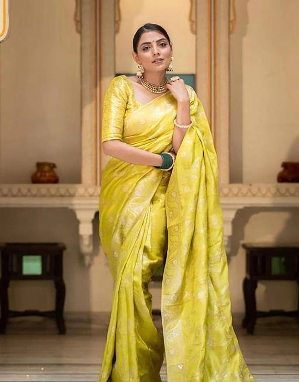 Yellow Banarasi Silk Saree With Zari Weaving Work