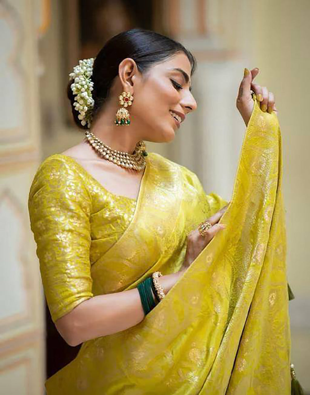 Yellow Banarasi Silk Saree With Zari Weaving Work