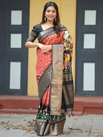 Maroon Colour Pure Viscose Dola Silk Saree with Kalamkari Print