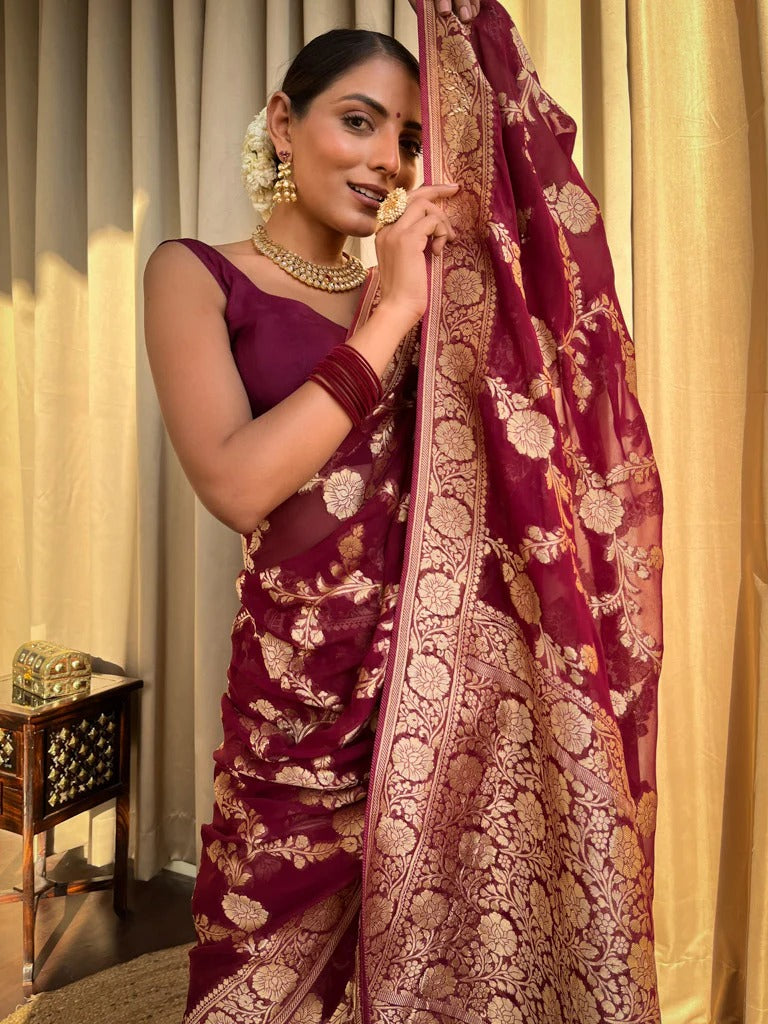 Laita Maroon Banarasi Silk Saree