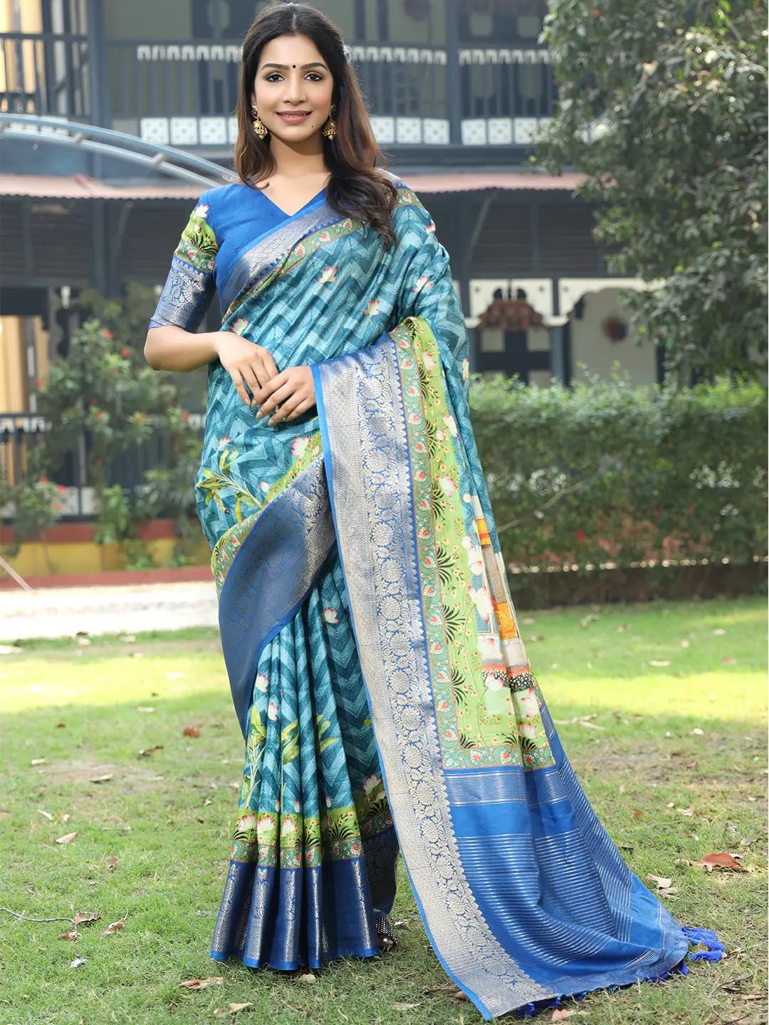 Blue Colour Pure Viscose Dola Silk Saree with Kalamkari Print