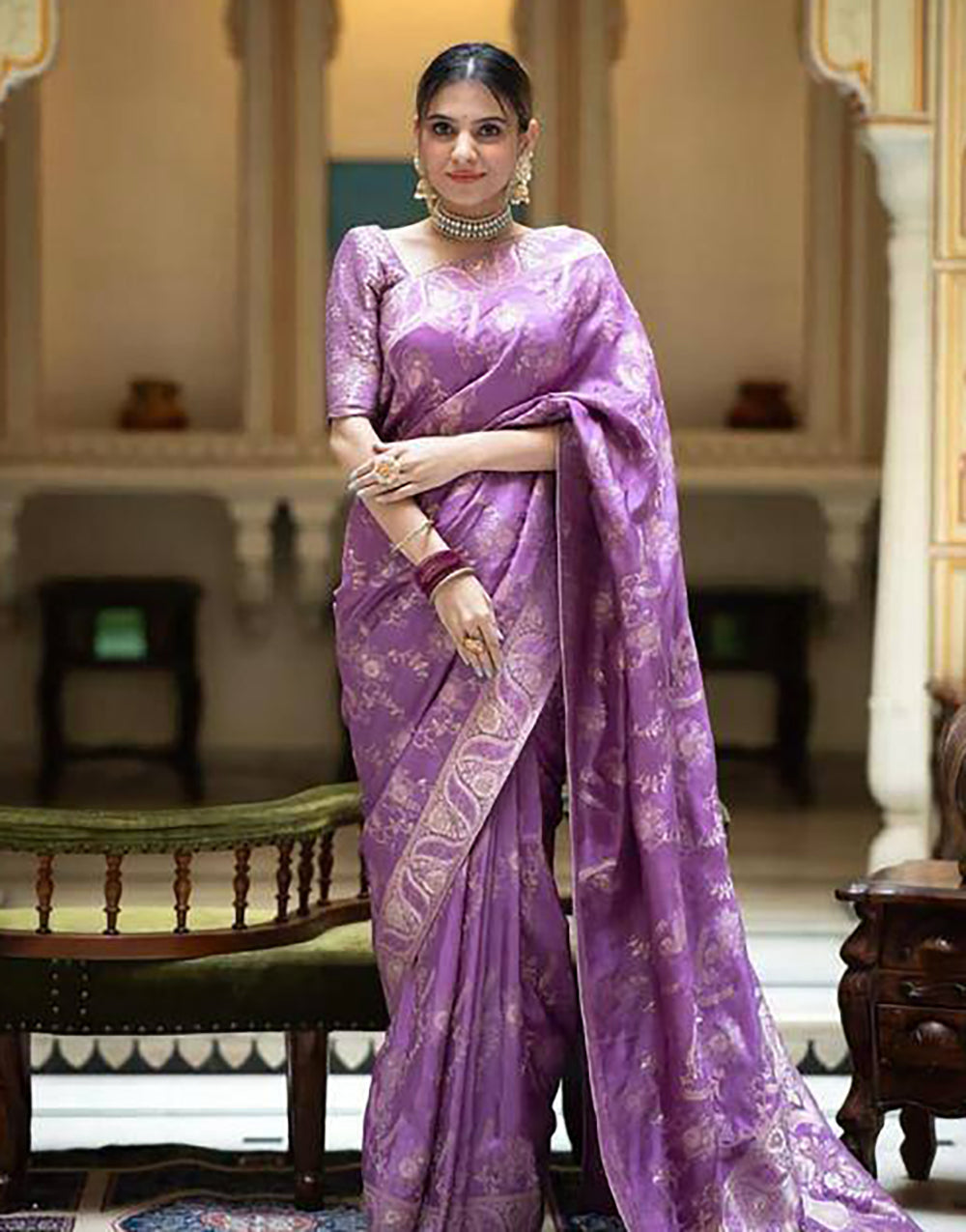 Violet Banarasi Silk Saree With Zari Weaving Work