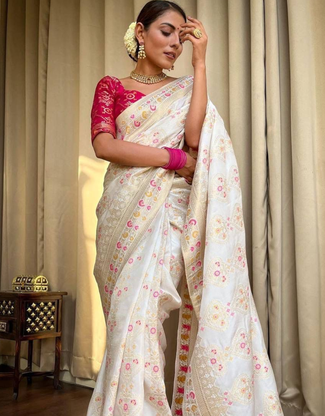 Tisha White Banarasi Saree