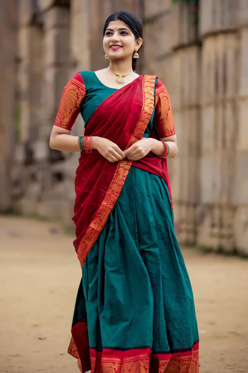 Red &amp; Green Premium Cotton Silk Jacquard Half Lehenga Saree