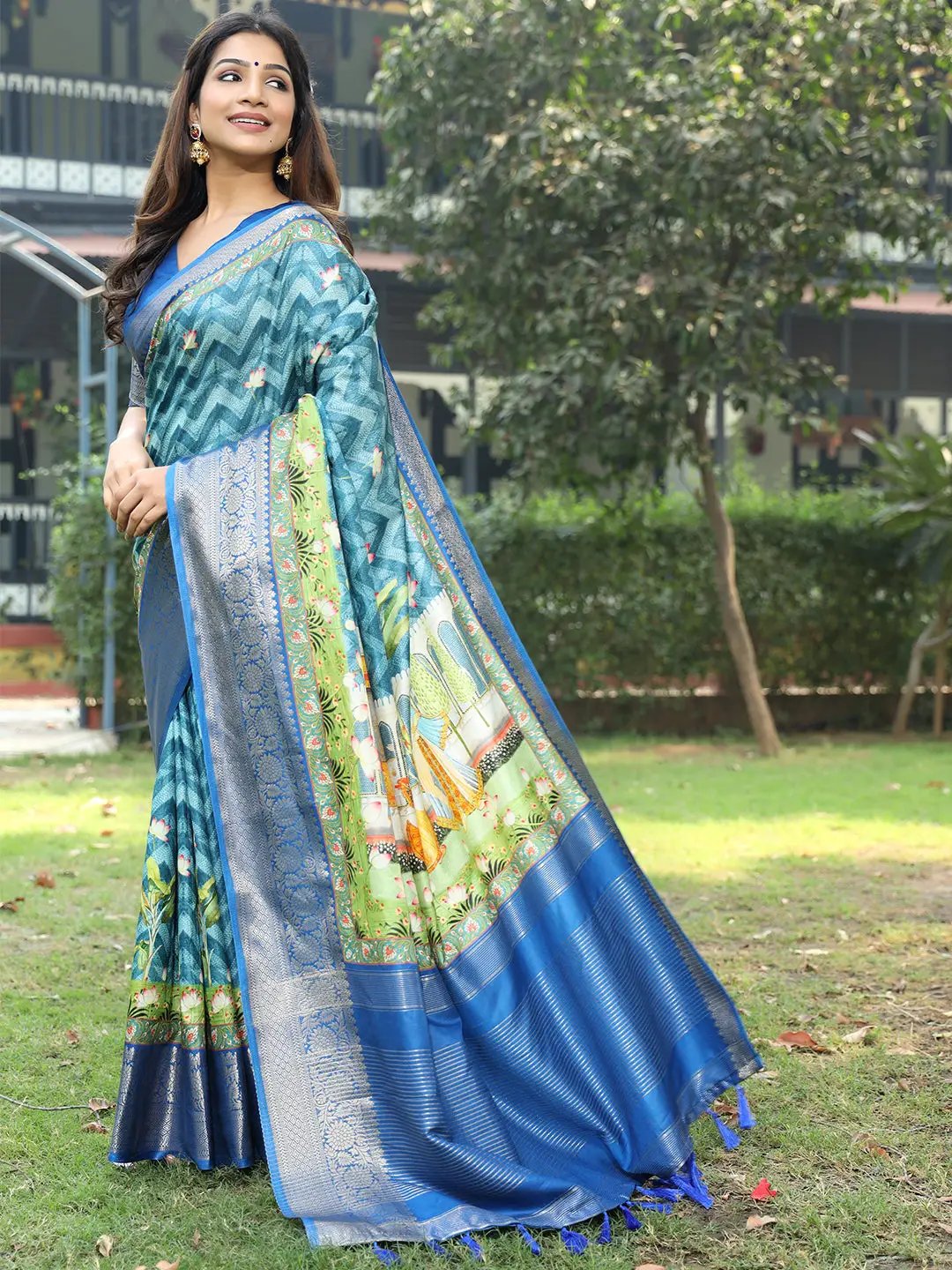 Blue Colour Pure Viscose Dola Silk Saree with Kalamkari Print