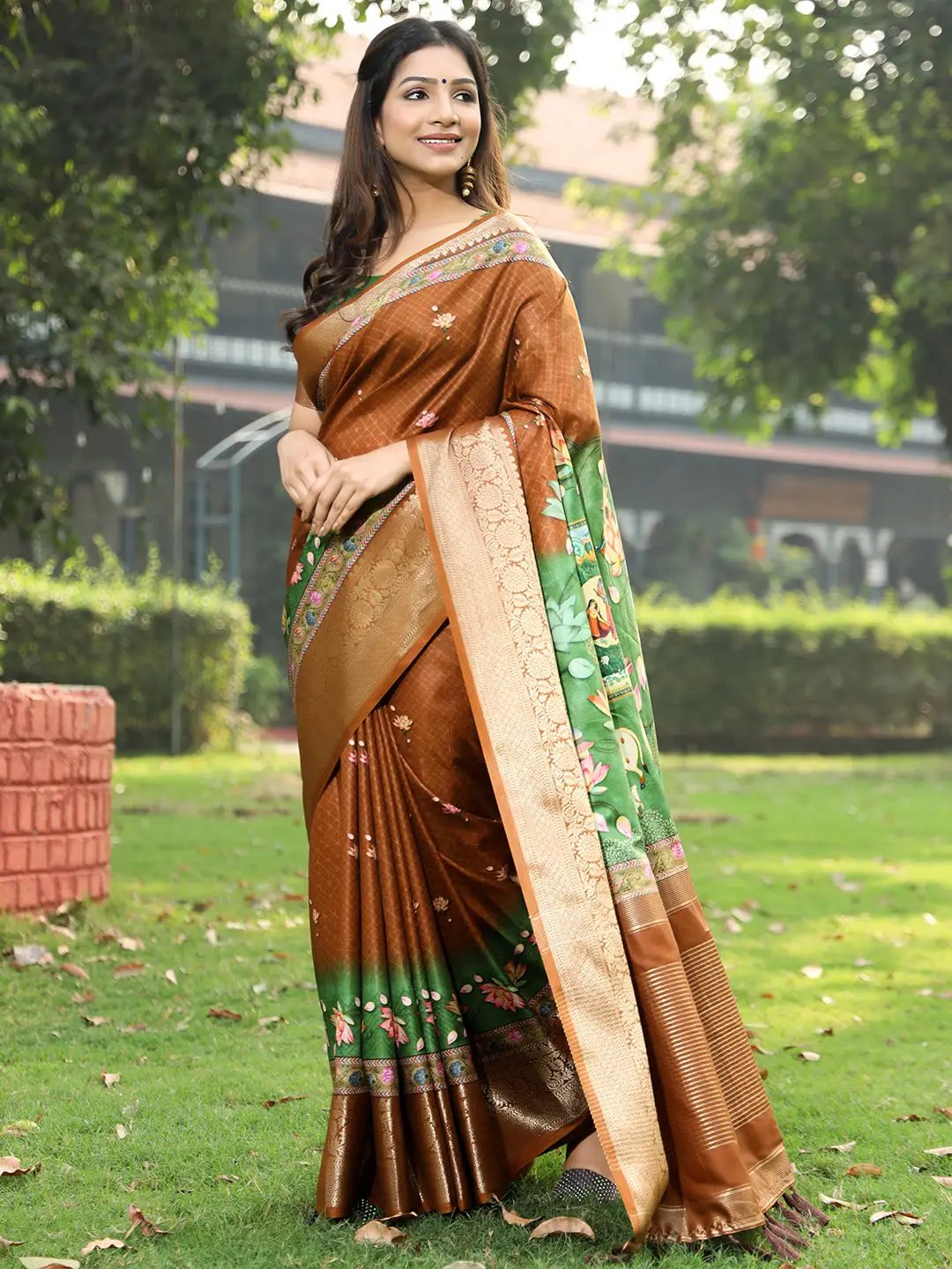 Brown and Green Colour Pure Viscose Dola Silk Saree with Kalamkari Print