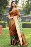 Brown and Green Colour Pure Viscose Dola Silk Saree with Kalamkari Print