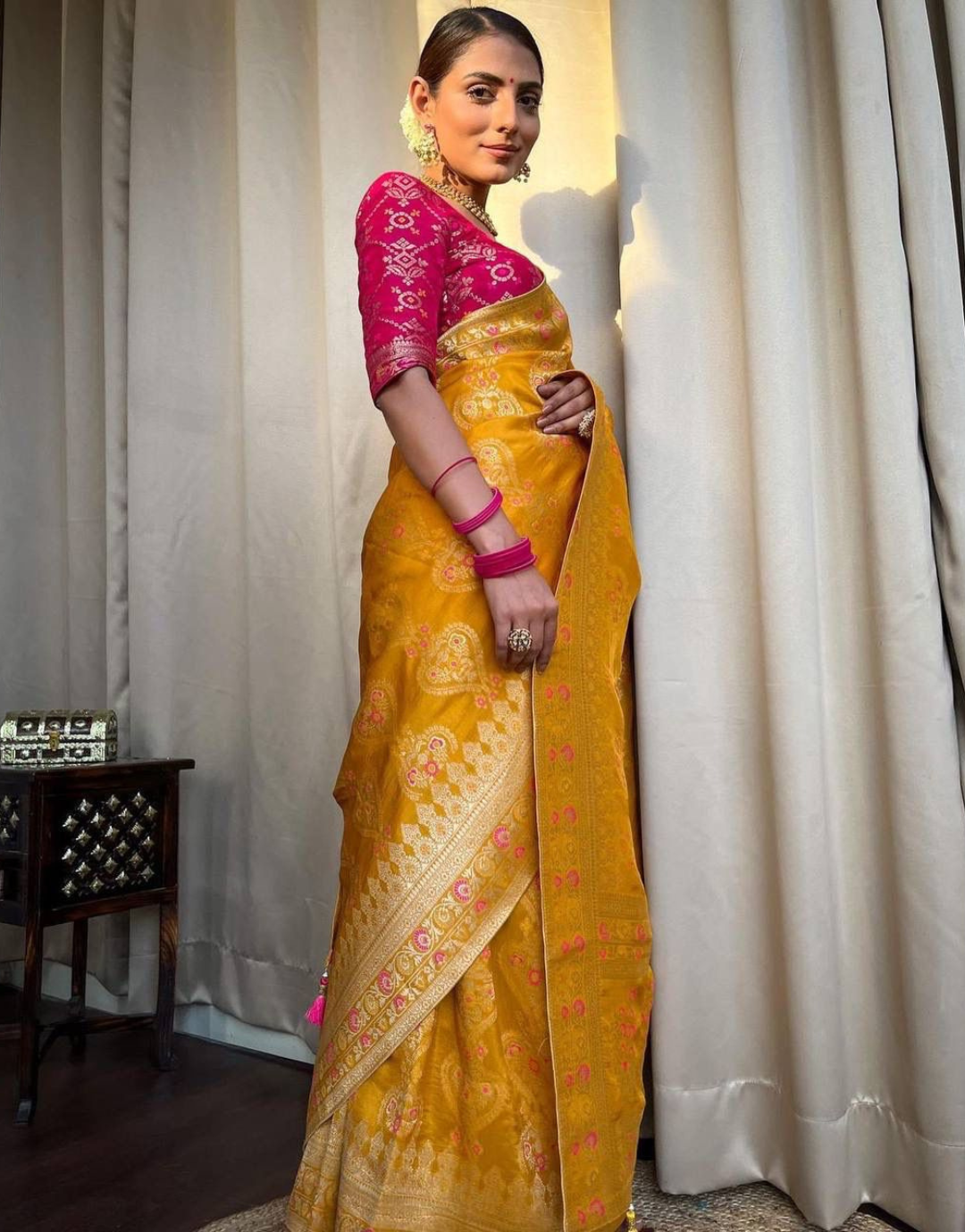 Tisha Yellow Banarasi Saree