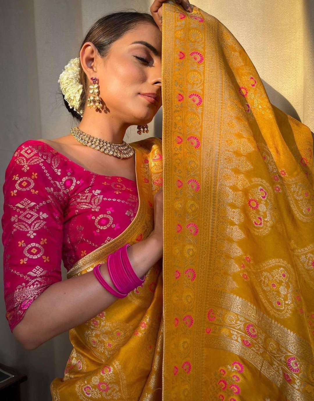 Tisha Yellow Banarasi Saree