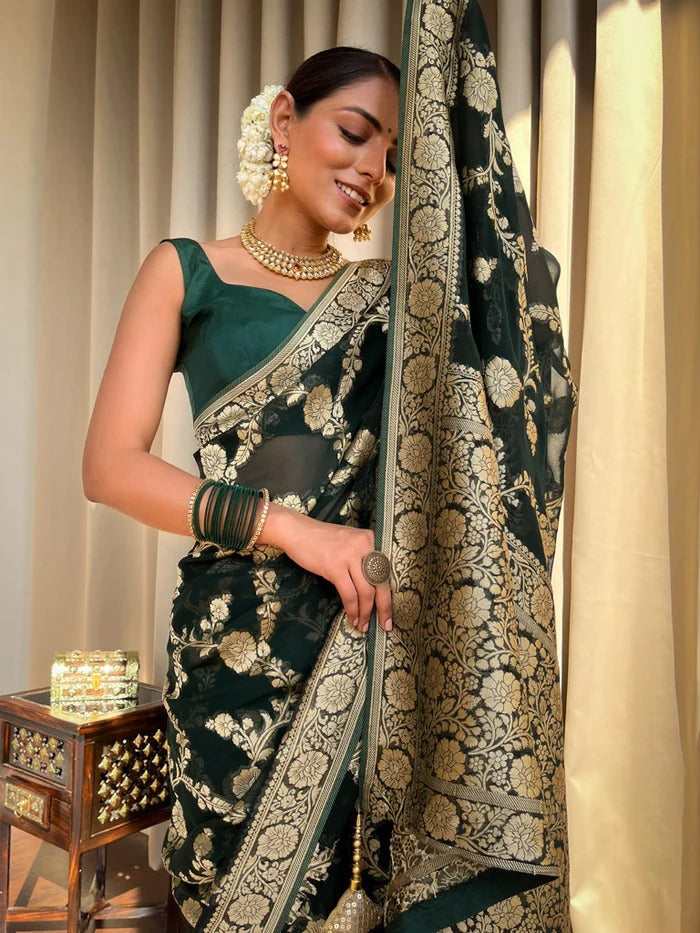 Laita Green Banarasi Silk Saree