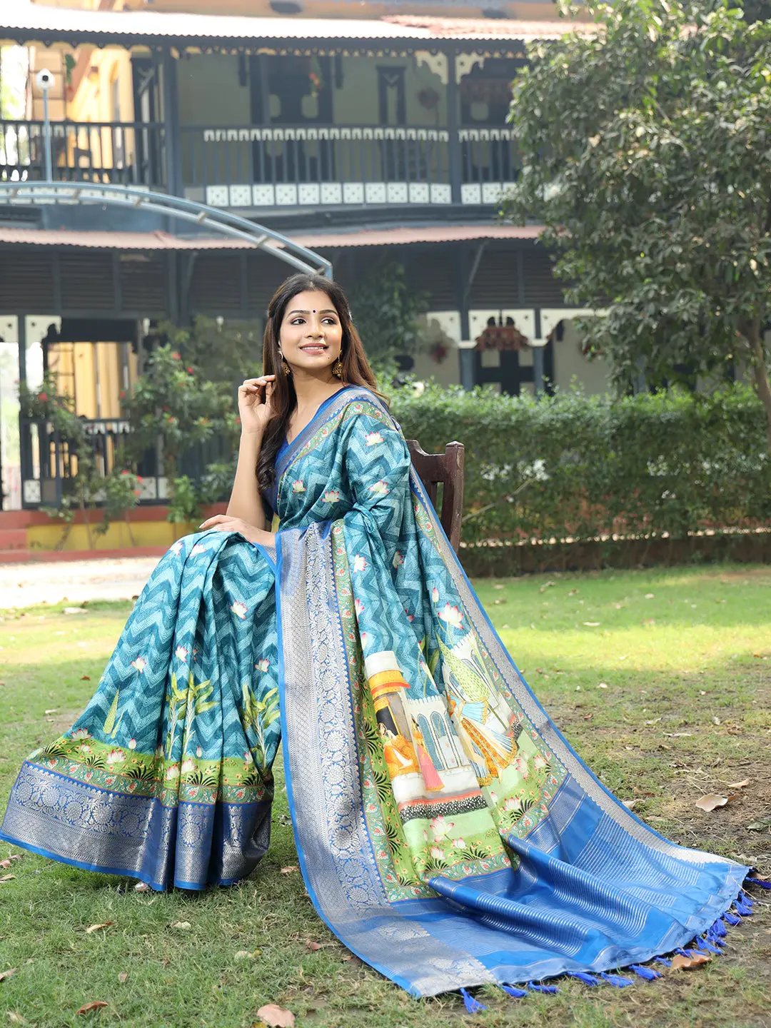 Blue Colour Pure Viscose Dola Silk Saree with Kalamkari Print