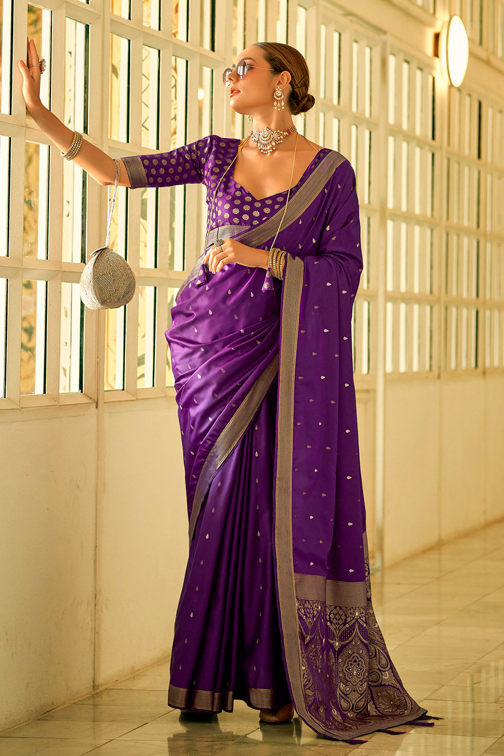 Alluring Indigo Purple Pure Satin Handwoven Saree With Zari Weaving Work
