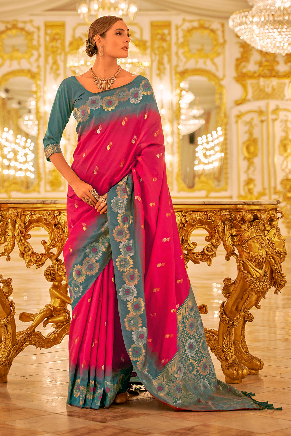 Fabulous Bright Pink Soft Kanjivaram Silk Saree With Zari Weaving Work