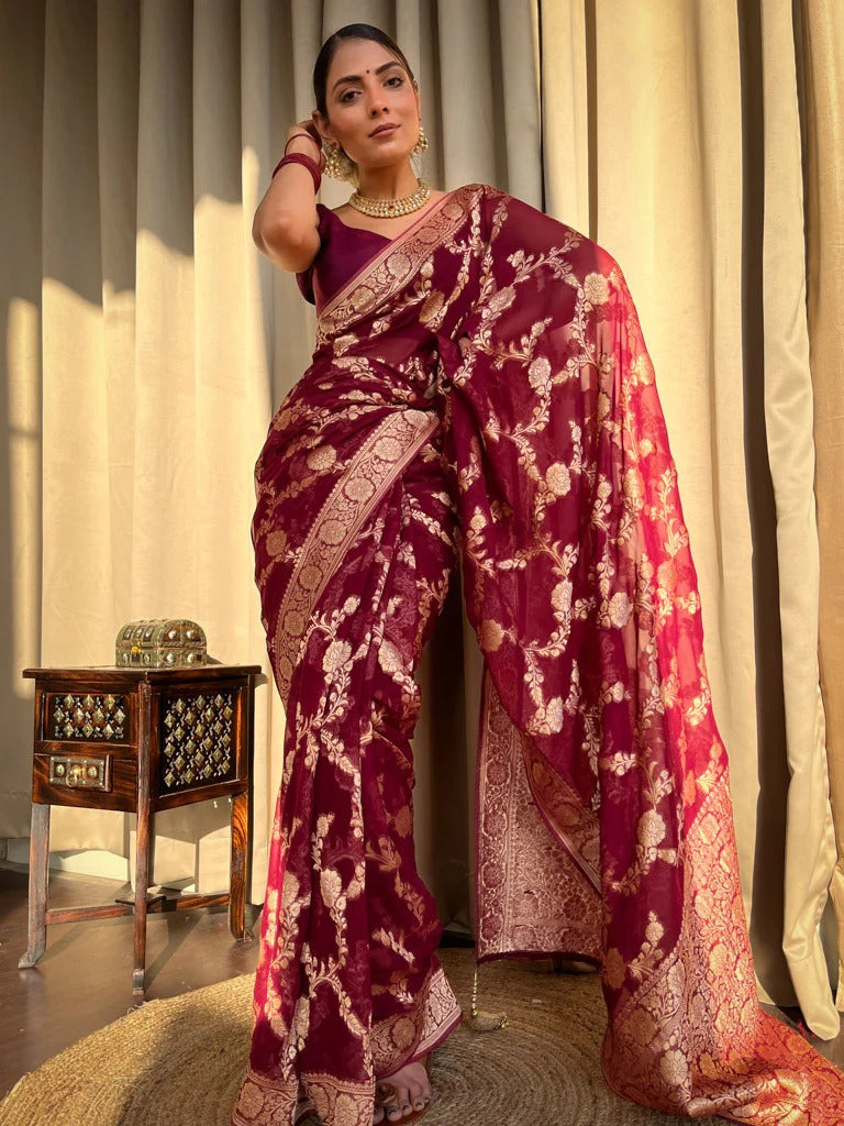 Laita Maroon Banarasi Silk Saree