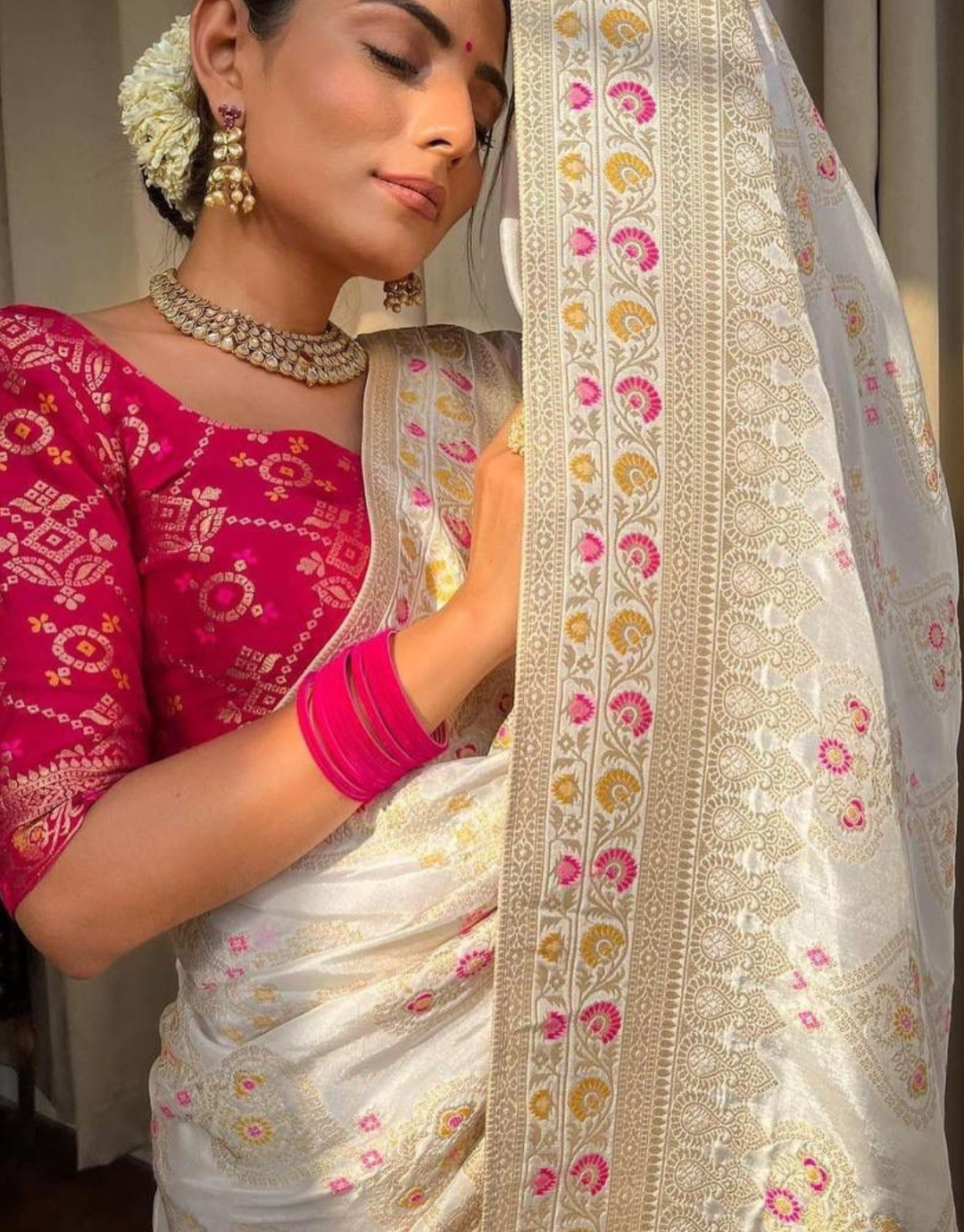 Tisha White Banarasi Saree